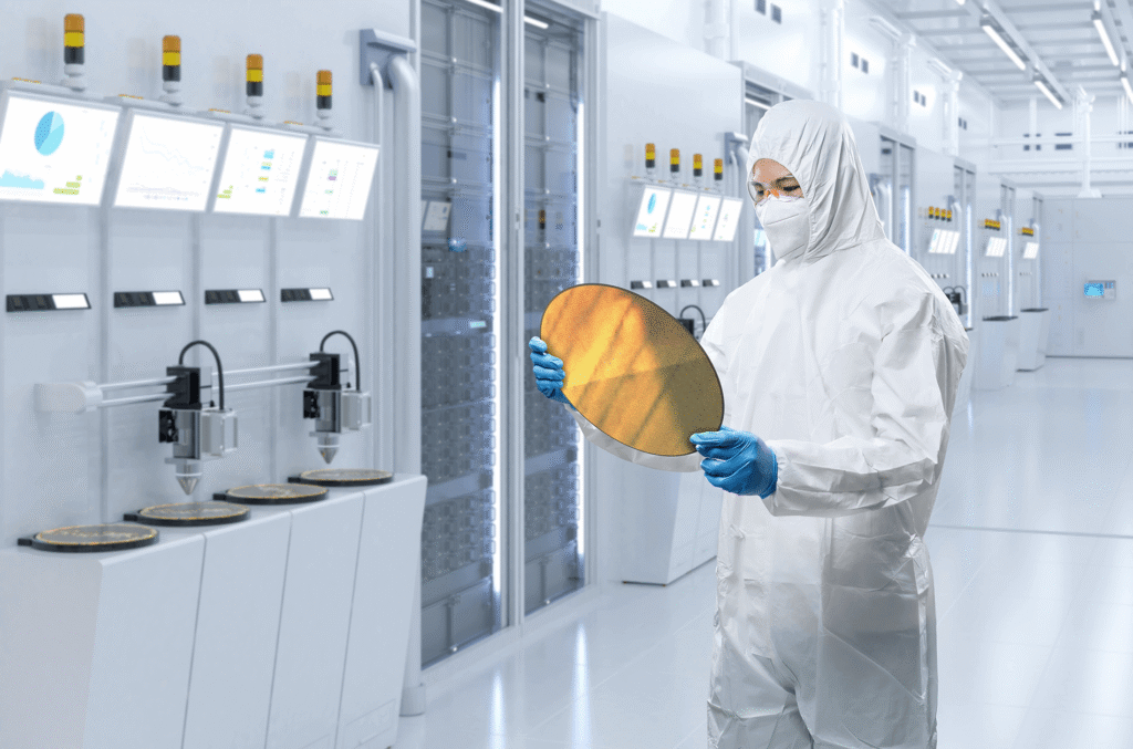 Scientist in a cleanroom suit holding a silicon wafer beside control panels and equipment in a high-tech lab